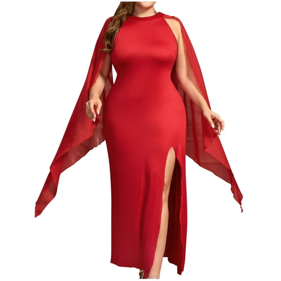 Nmnitkp Fall Wedding Guest Dresses for Women Show Off Your Figure Solid Color Women's Plus Size Sleeveless Round Neck Front Split Long Maxi Wrap Dress