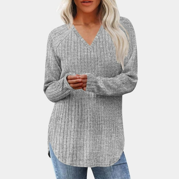 Nmnitkp Fashion Women's Casual Solid V-Neck Hem Slit Loose T-shirt Top Button Blouses Gray,M