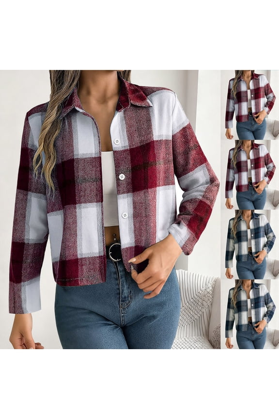 Flannels for Women Cropped Shacket Jacket Fashion Plaid Button Down Shirt 2026 Fall Coat Tops Red,L