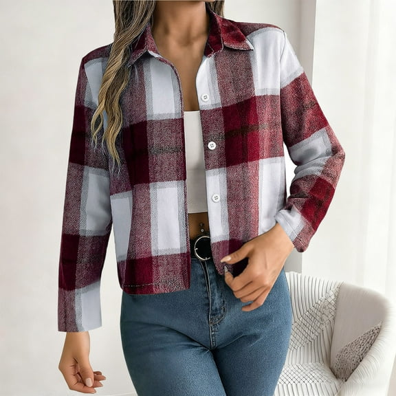 Nmnitkp Flannels for Women Cropped Shacket Jacket Fashion Plaid Button Down Shirt 2025 Fall Coat Tops Red,M