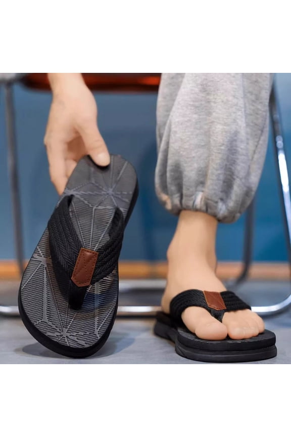 Flip Flops Men's Comfortable Thick Sole Flip Flops Non-Slip Quick Dry Beach Slippers Breathable Webbing Strap Casual Shoes Plus Size For Spring Summer 2026 Indoor Outdoor Black 39-40