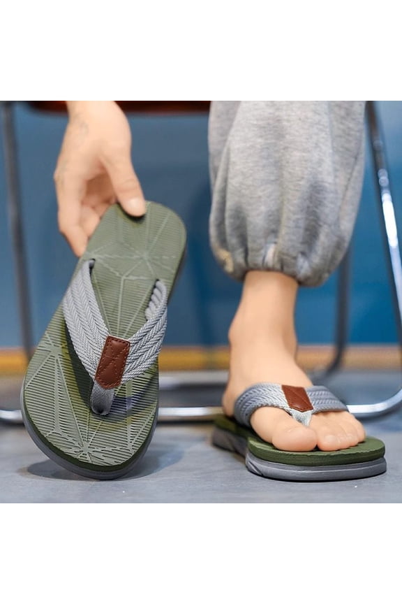 Flip Flops Men's Comfortable Thick Sole Flip Flops Non-Slip Quick Dry Beach Slippers Breathable Webbing Strap Casual Shoes Plus Size For Spring Summer 2026 Indoor Outdoor Army Green 41-42