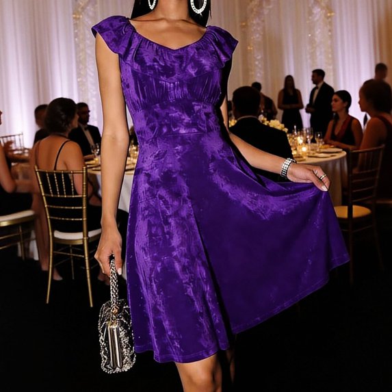Nmnitkp Formal Dresses for Women Velvet Fit and Flare Cocktail Dress, Ruffle Cap Sleeve Sweetheart Neck Slim Fit Midi Dress for Wedding Guest & Holiday Party Purple,L