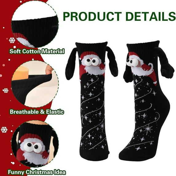 Nmnitkp Funny Christmas Fuzzy Socks - Magnetic Holding Hand Socks, Santa Gifts, Holiday Stocking Stuffers for Women Black,Free Size
