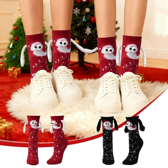 Nmnitkp Funny Christmas Fuzzy Socks - Magnetic Holding Hand Socks, Santa Gifts, Holiday Stocking Stuffers for Women Red,Free Size