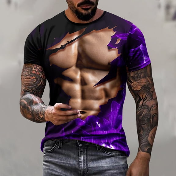 Nmnitkp Funny Shirts Men Muscle Fitness Chest T-Shirts 3D Print Fashionable and Cool Mens T-shirts Graphics Pattern Crewneck Short Sleeve Tees(Plus Size）