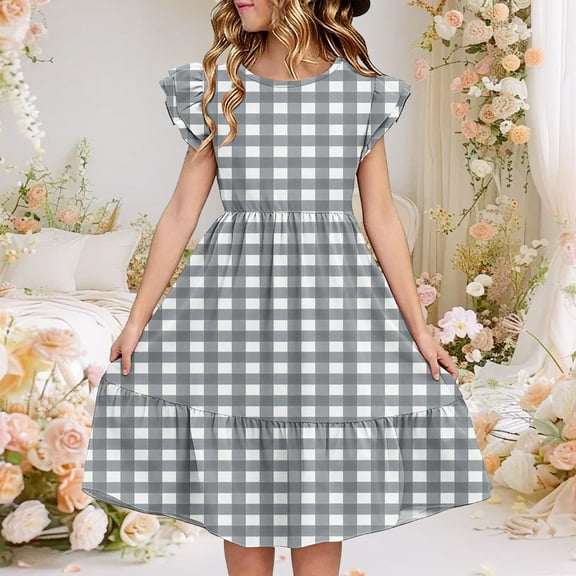 Nmnitkp Girl Dress Boho Dresses Summer Casual Floral Print Ruffle Short Sleeve Tiered Pleated Kids A-Line T-Shirt Dress Gray,11 Years