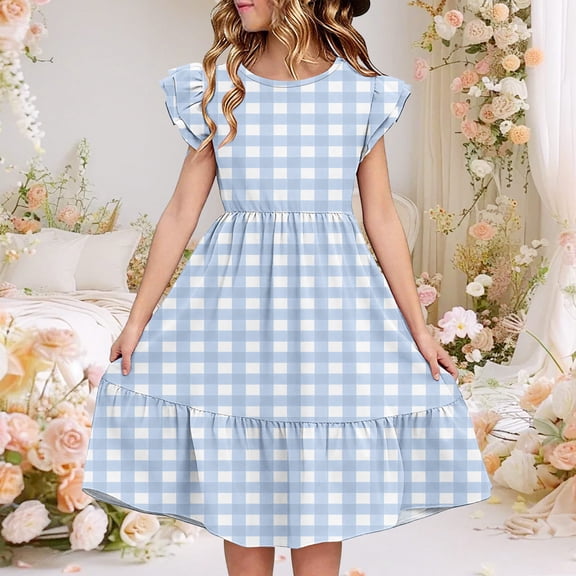 Nmnitkp Girl Dress Boho Dresses Summer Casual Floral Print Ruffle Short Sleeve Tiered Pleated Kids A-Line T-Shirt Dress Light Blue,9 Years