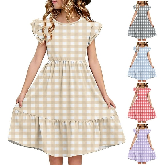 Nmnitkp Girl Dress Boho Dresses Summer Casual Floral Print Ruffle Short Sleeve Tiered Pleated Kids A-Line T-Shirt Dress Yellow,5 Years