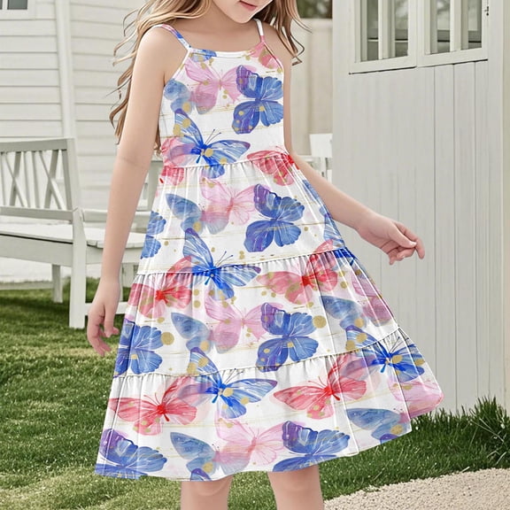 Nmnitkp Girl Dresses Boho Dress for Girls Floral Dress Tie Back Flutter Sleeves Casual Summer Dress Blue,5 Years