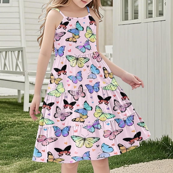 Nmnitkp Girl Dresses Boho Dress for Girls Floral Dress Tie Back Flutter Sleeves Casual Summer Dress Pink,5 Years