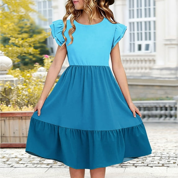 Nmnitkp Girl Dresses Cute Children's Summer Girl Dress Color Blocked Double-Layer Pleated Sleeve Dress Blue,5 Years
