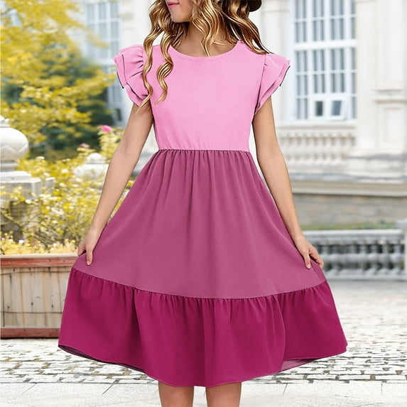 Nmnitkp Girl Dresses Cute Children's Summer Girl Dress Color Blocked Double-Layer Pleated Sleeve Dress Pink,11 Years