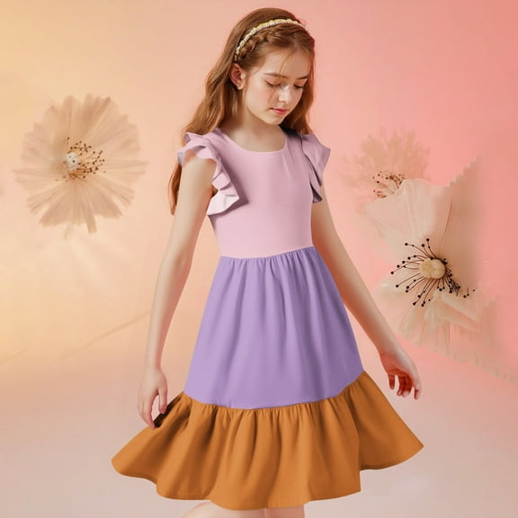 Nmnitkp Girl Dresses Cute Children's Summer Girl Dress Color Blocked Double-Layer Pleated Sleeve Dress Purple,5 Years