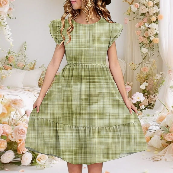 Nmnitkp Girl Dresses Cute Dress for Girls Kids Summer Double Layer Ruffle Sleeve Dress Green,7 Years
