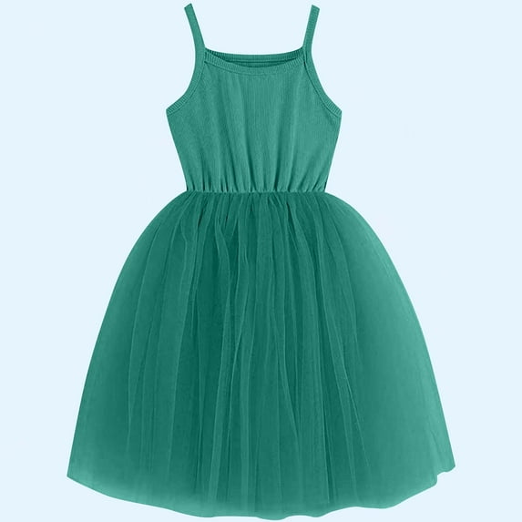 Nmnitkp Girl Dresses Cute ,Dresses for Girls Fashionable Children's Solid Color Sleeveless Suspender Mesh Dress Summer Casual Round Neck Dress Army Green,6 Years