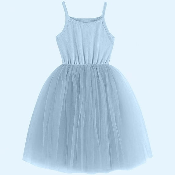 Nmnitkp Girl Dresses Cute ,Dresses for Girls Fashionable Children's Solid Color Sleeveless Suspender Mesh Dress Summer Casual Round Neck Dress Blue,2 Years