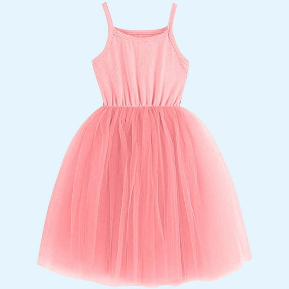 Nmnitkp Girl Dresses Cute ,Dresses for Girls Fashionable Children's Solid Color Sleeveless Suspender Mesh Dress Summer Casual Round Neck Dress Pink,9 Months