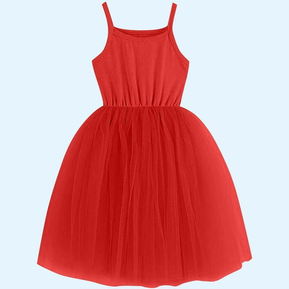 Nmnitkp Girl Dresses Cute ,Dresses for Girls Fashionable Children's Solid Color Sleeveless Suspender Mesh Dress Summer Casual Round Neck Dress Red,7 Years