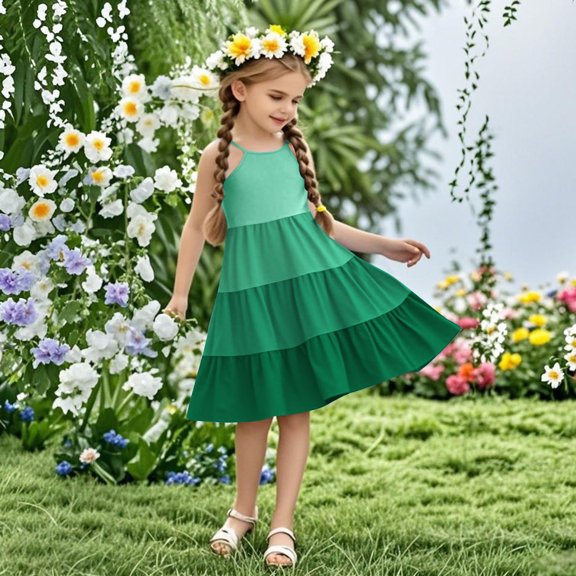 Nmnitkp Girl Dresses Cute Dresses for Girls Sundress Summer Boho Sleeveless Strap Smocked Tiered Dresses Green,5 Years