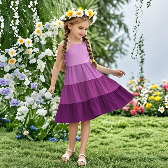 Nmnitkp Girl Dresses Cute Dresses for Girls Sundress Summer Boho Sleeveless Strap Smocked Tiered Dresses Purple,4 Years