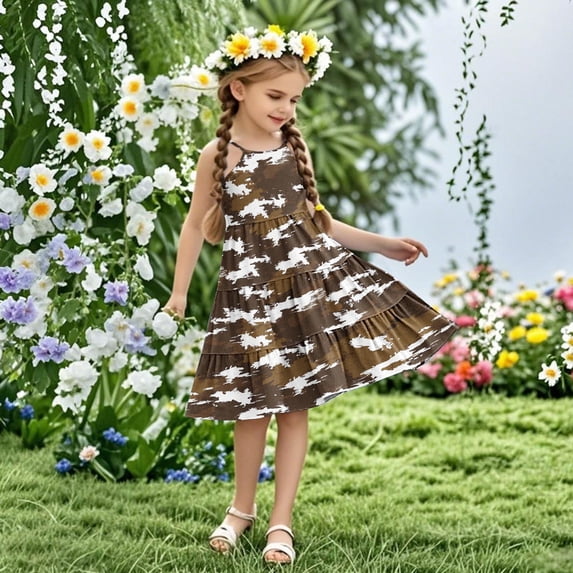 Nmnitkp Girl Dresses Cute Summer Dresses for Girls Sundress Boho Strap Casual Sleeveless Tiered Cami Dresses Brown,7 Years