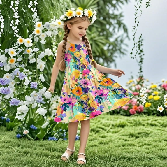 Nmnitkp Girl Dresses Cute Summer Sundress Boho Strap Casual Sleeveless Tiered Cami Dresses Multicolor,13 Years
