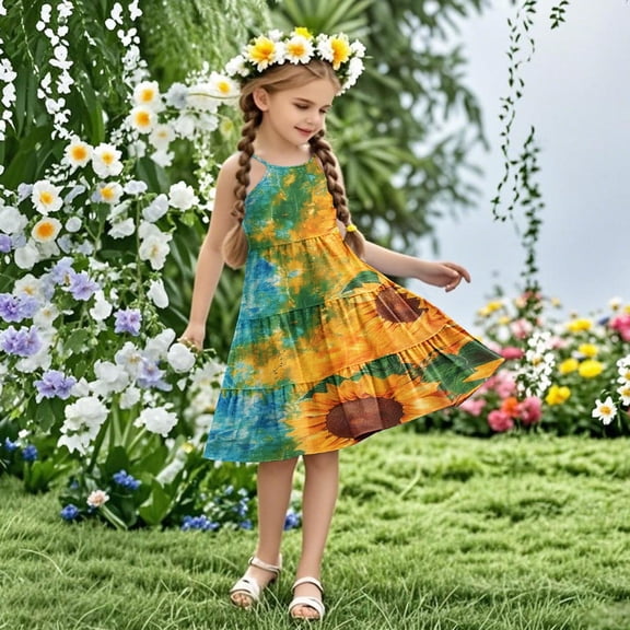 Nmnitkp Girl Dresses Cute Summer Sundress Boho Strap Casual Sleeveless Tiered Cami Dresses Multicolor,5 Years