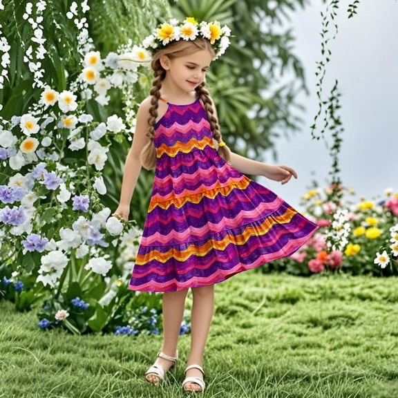Nmnitkp Girl Dresses Cute Summer Sundress Boho Strap Casual Sleeveless Tiered Cami Dresses Pink,5 Years