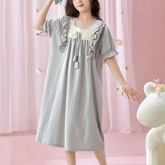 Nmnitkp Girl Dresses Fashionable Dresses for Girls Summer Solid Color Thin Home Clothing With Ruffle Dress Short Sleeve Round-Neck Dress for Kids Gray,4-5Years