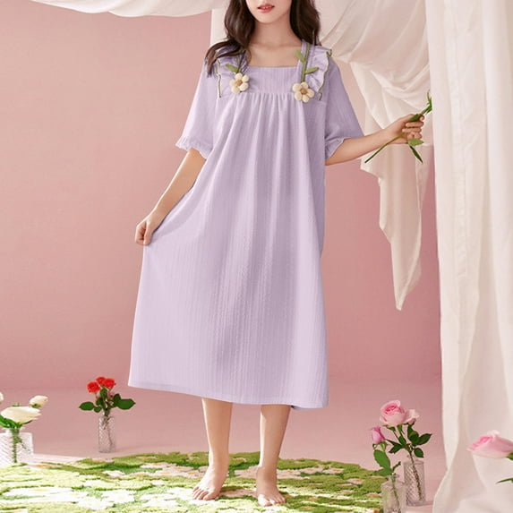 Nmnitkp Girl Dresses Fashionable Dresses for Girls Summer Solid Color Thin Home Clothing With Ruffle Dress Short Sleeve Round-Neck Dress for Kids Purple,6-7Years