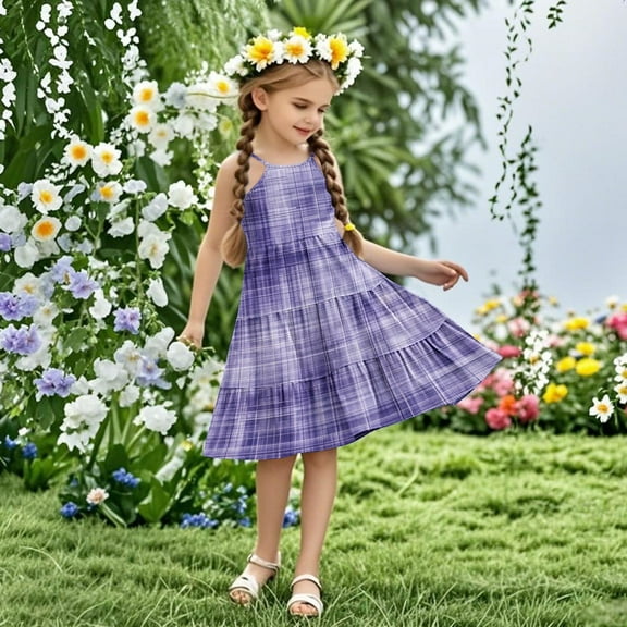 Nmnitkp Girl Dresses High-Quality Fabric Boho Dresses for Girls Ruffle Sleeve Tiered Swing A-Line Cute Midi Casual Sundress Purple,13 Years