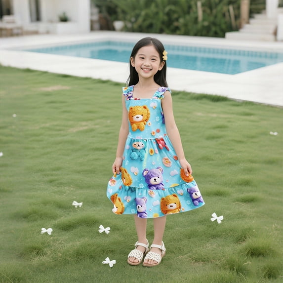 Nmnitkp Girl Dresses High-Quality Fabric,Dresses for Girls Summer Children's Little Girl Floral Medium-length Sleeveless Printed Suspender Beach Dress Multicolor,5 Years