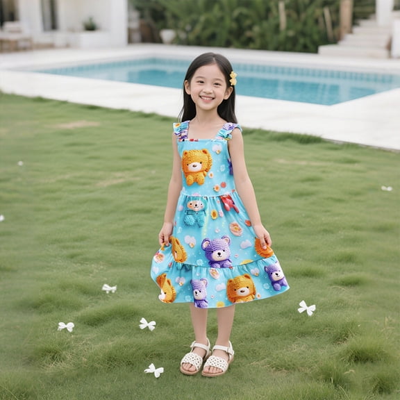 Nmnitkp Girl Dresses High-Quality Fabric,Dresses for Girls Summer Children's Little Girl Floral Medium-length Sleeveless Printed Suspender Beach Dress Multicolor,5 Years