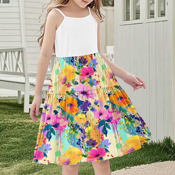 Nmnitkp Girl Dresses High-Quality Fabric Dresses for Girls Ruffle Sleeve Tiered Swing A-Line Cute Midi Casual Sundress Multicolor,5 Years