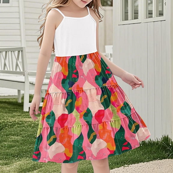 Nmnitkp Girl Dresses High-Quality Fabric Dresses for Girls Ruffle Sleeve Tiered Swing A-Line Cute Midi Casual Sundress Pink,5 Years