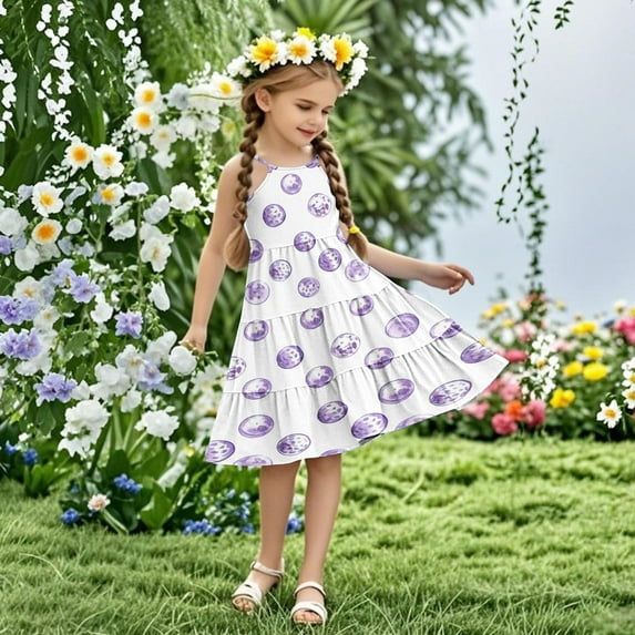 Nmnitkp Girl Dresses Short Sleeve Dresses Boho Summer Cotton Casual Skater Swing Twirly Sundress & Girl Dress Purple,4 Years