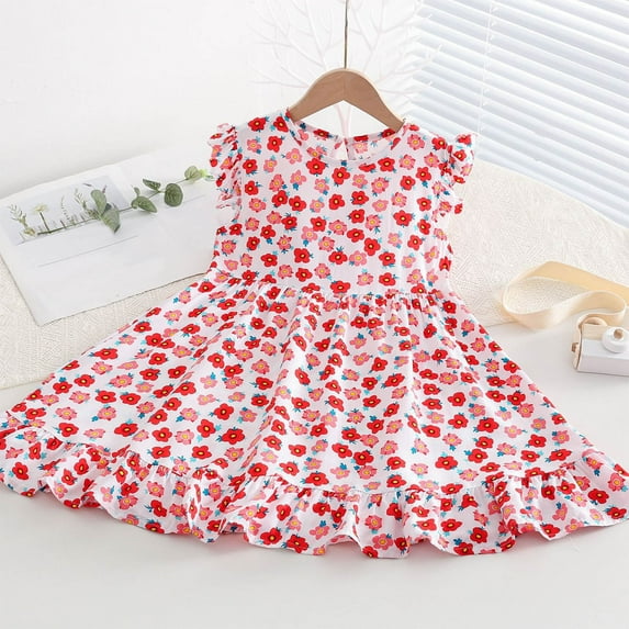 Nmnitkp Girl Dresses Summer Hawaiian Print Short Sleeve Round-Neck Leisure Sports Beach Long Skirt for Kids Multicolor,6-7Years