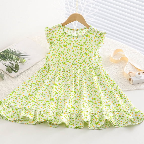 Nmnitkp Girl Dresses Summer Hawaiian Print Short Sleeve Round-Neck Leisure Sports Beach Long Skirt for Kids Multicolor,8-9Years