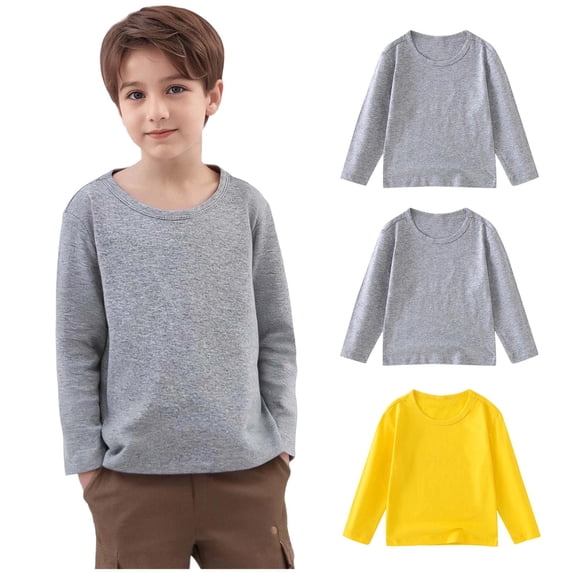 Nmnitkp Girls Boys Long Sleeve Shirts Cotton Fashion Cute Solid Color Soft Long Sleeve Top Round Neck T-shirt 3 Piece Set Gray,2 Years