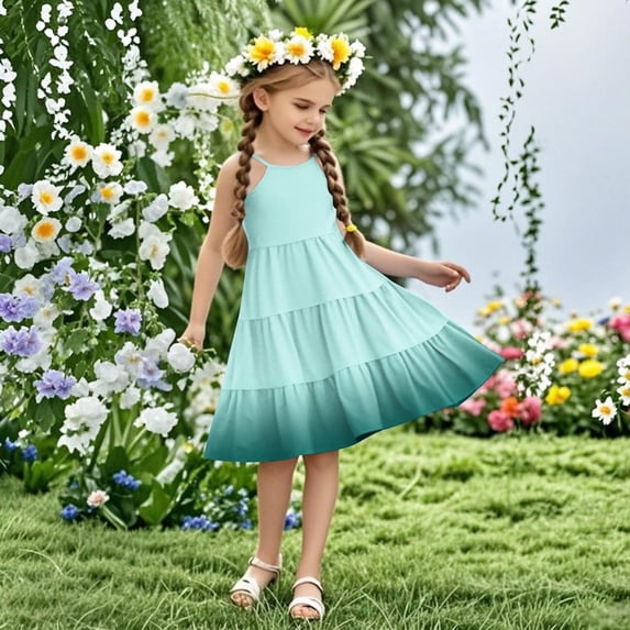 Nmnitkp Girls Dress Boho Gradient Girl Dresses Flutter Sleeve Tiered A Line Summer Dresses with Pockets Green,4 Years