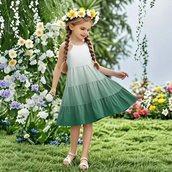 Nmnitkp Girls Dress Boho Gradient Girl Dresses Flutter Sleeve Tiered A Line Summer Dresses with Pockets Green,9 Years