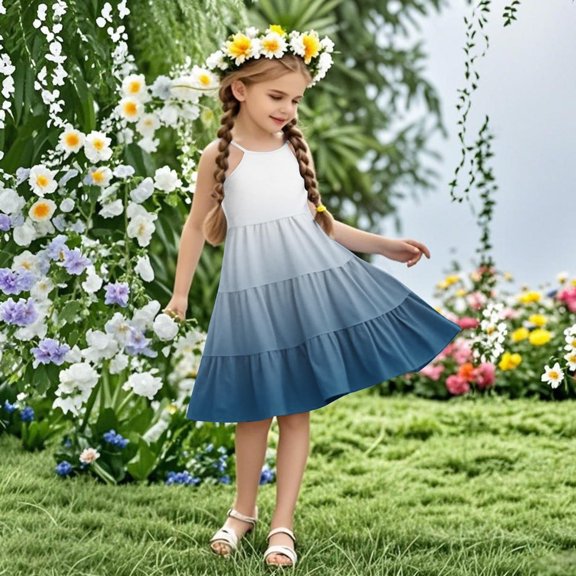 Nmnitkp Girls Dress Boho Gradient Girl Dresses Flutter Sleeve Tiered A Line Summer Dresses with Pockets Navy,5 Years