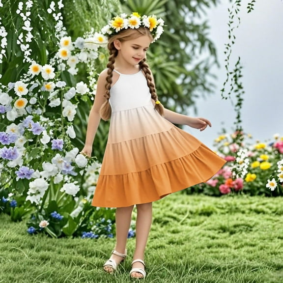 Nmnitkp Girls Dress Boho Gradient Girl Dresses Flutter Sleeve Tiered A Line Summer Dresses with Pockets Orange,5 Years