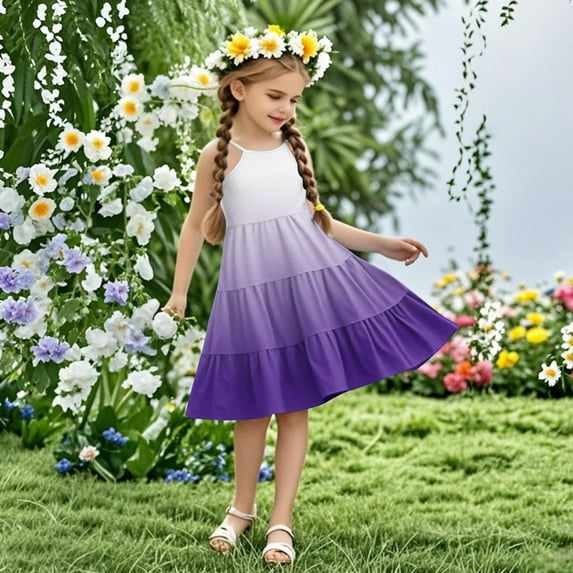 Nmnitkp Girls Dress Boho Gradient Girl Dresses Flutter Sleeve Tiered A Line Summer Dresses with Pockets Purple,5 Years