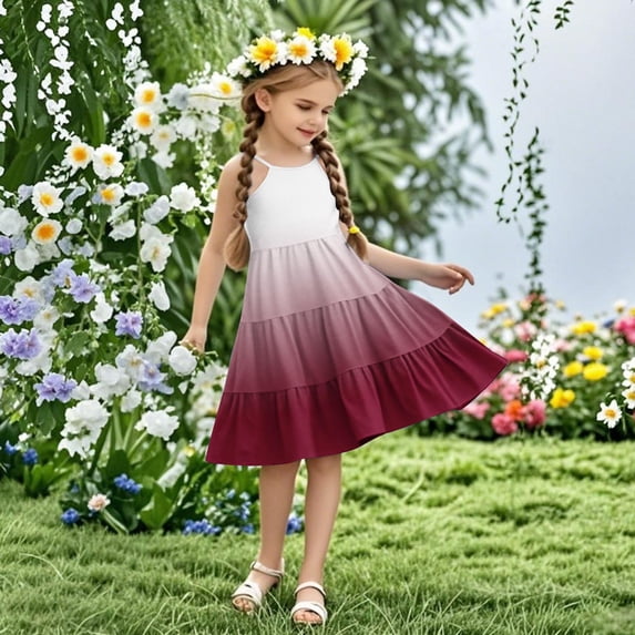 Nmnitkp Girls Dress Boho Gradient Girl Dresses Flutter Sleeve Tiered A Line Summer Dresses with Pockets Wine,4 Years