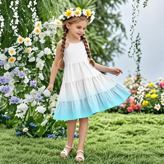 Nmnitkp Girls Dresses Gradient Ruffle Sleeve Tiered Casual Flowy Swing Tween Sundress with Pockets Blue,13 Years