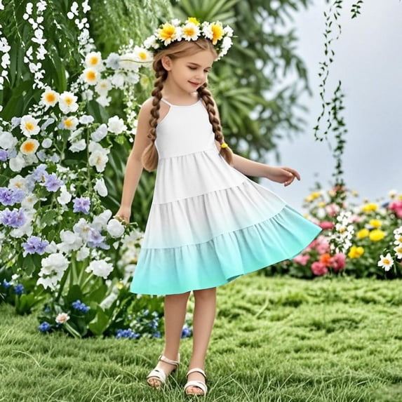 Nmnitkp Girls Dresses Gradient Ruffle Sleeve Tiered Casual Flowy Swing Tween Sundress with Pockets Mint Green,4 Years