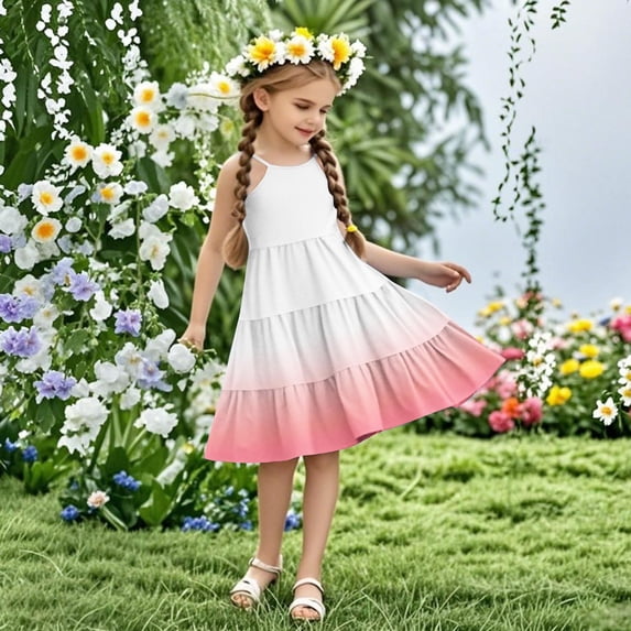 Nmnitkp Girls Dresses Gradient Ruffle Sleeve Tiered Casual Flowy Swing Tween Sundress with Pockets Pink,13 Years