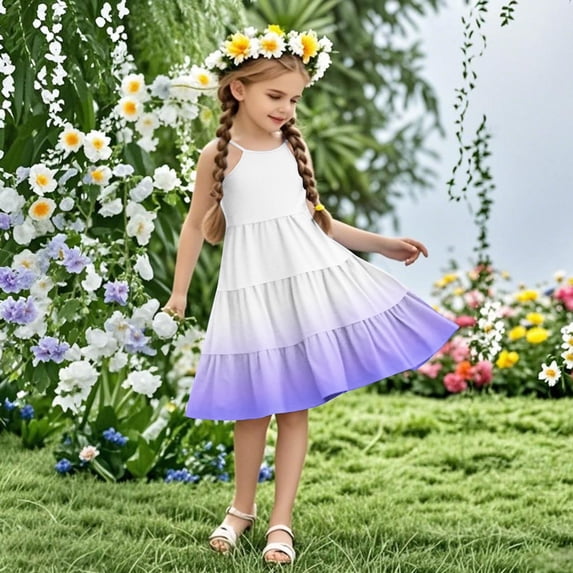 Nmnitkp Girls Dresses Gradient Ruffle Sleeve Tiered Casual Flowy Swing Tween Sundress with Pockets Purple,13 Years